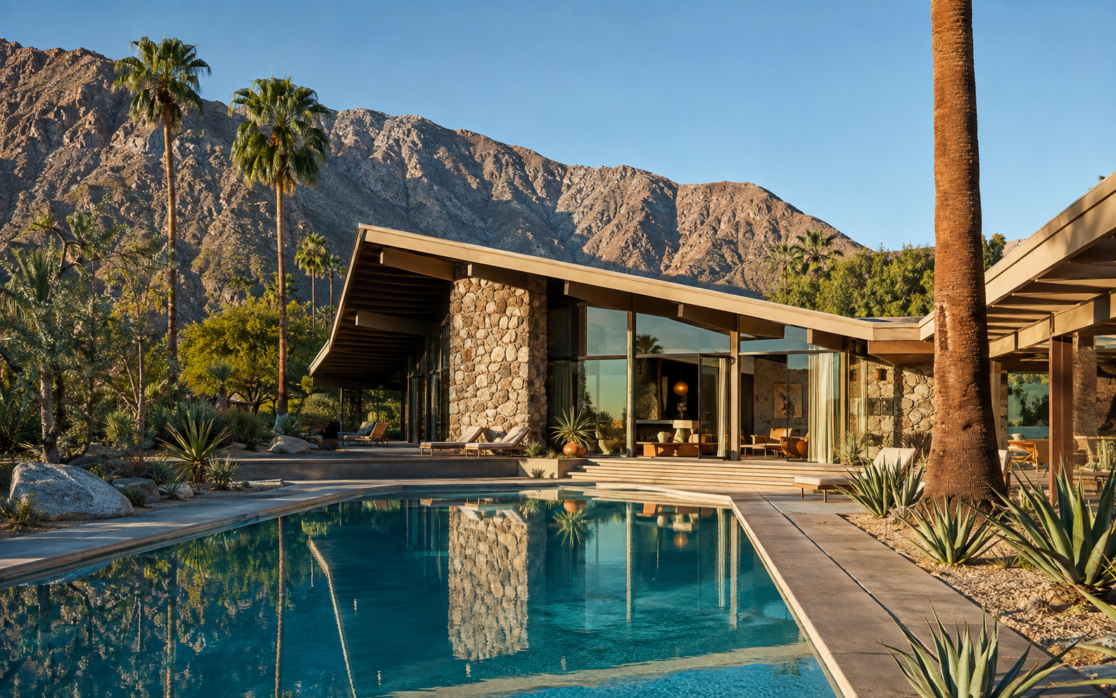 Palm Springs architecture, pool, palms, and mountains in warm California light