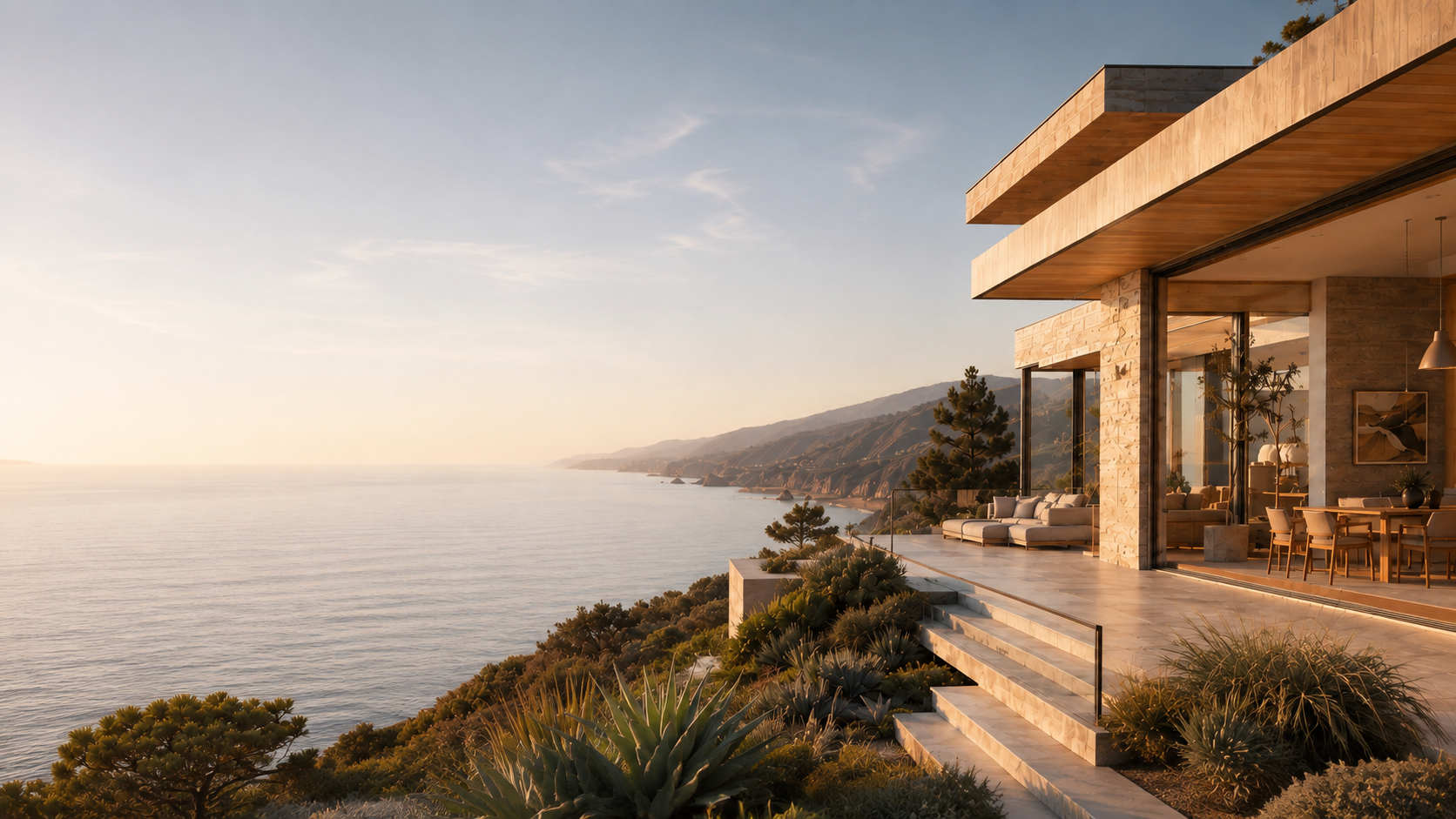Illustrative ocean-facing California residence in warm evening light