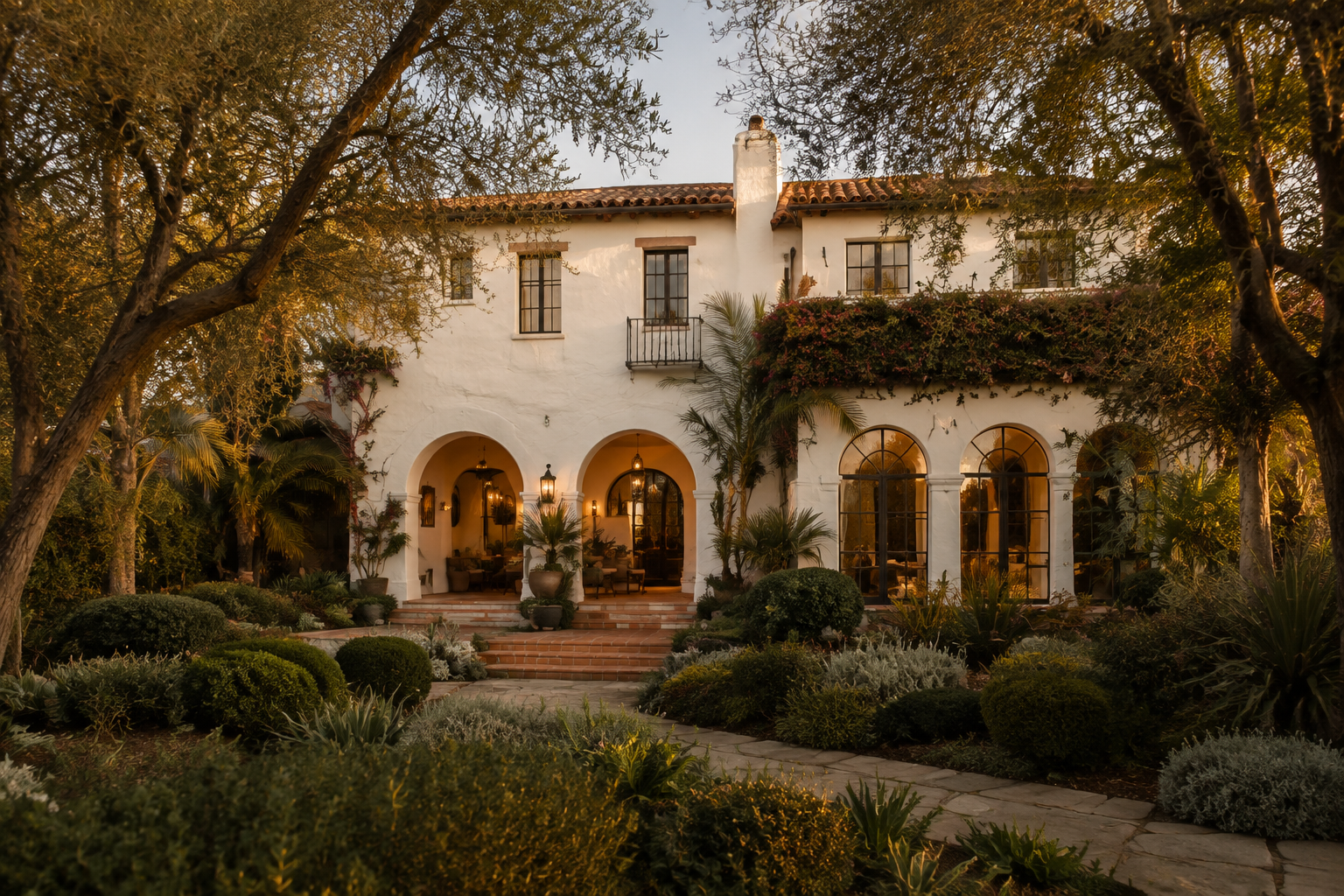 1920s Spanish Revival estate framed by mature California landscaping