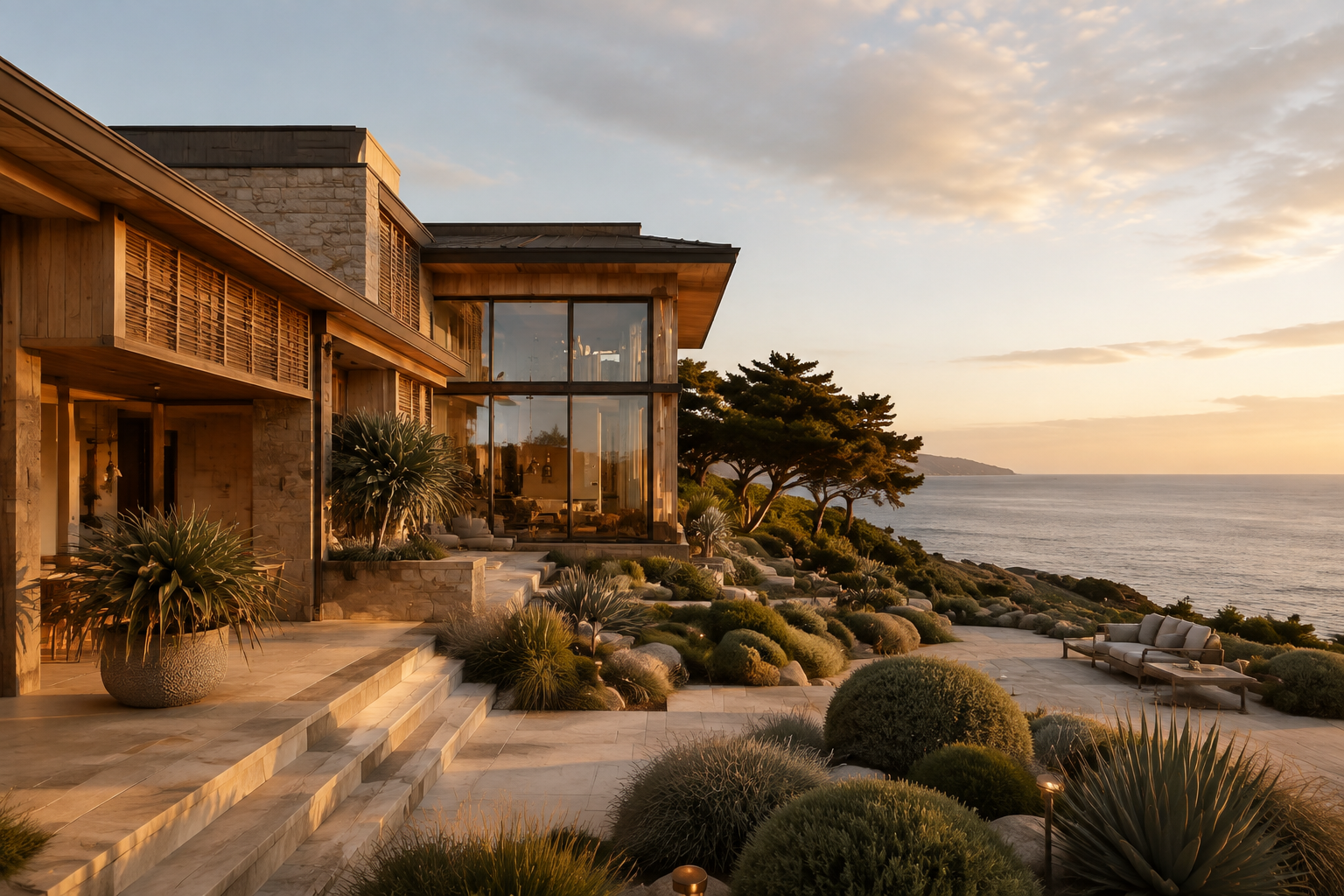 Illustrative warm modern coastal residence overlooking the Pacific in Malibu