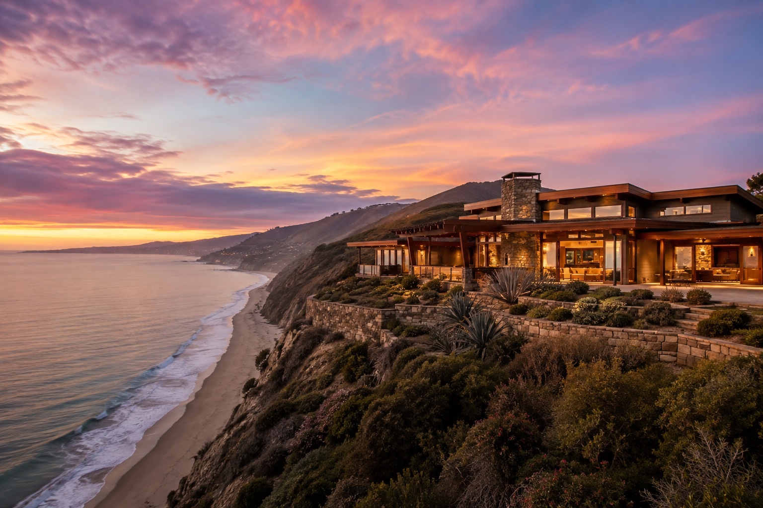 Warm stone-and-wood residence on a Malibu bluff overlooking the beach and Pacific Ocean at sunset