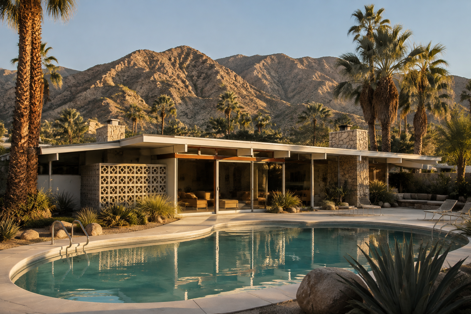 Illustrative restored mid-century post-and-beam residence beneath the Palm Springs mountains